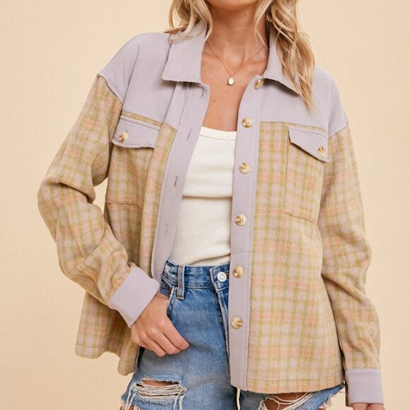 HEM & THREAD Plaid Shacket, Pastel Lilac & Beige, Oversized Button Down Jacket - Picture 1 of 6